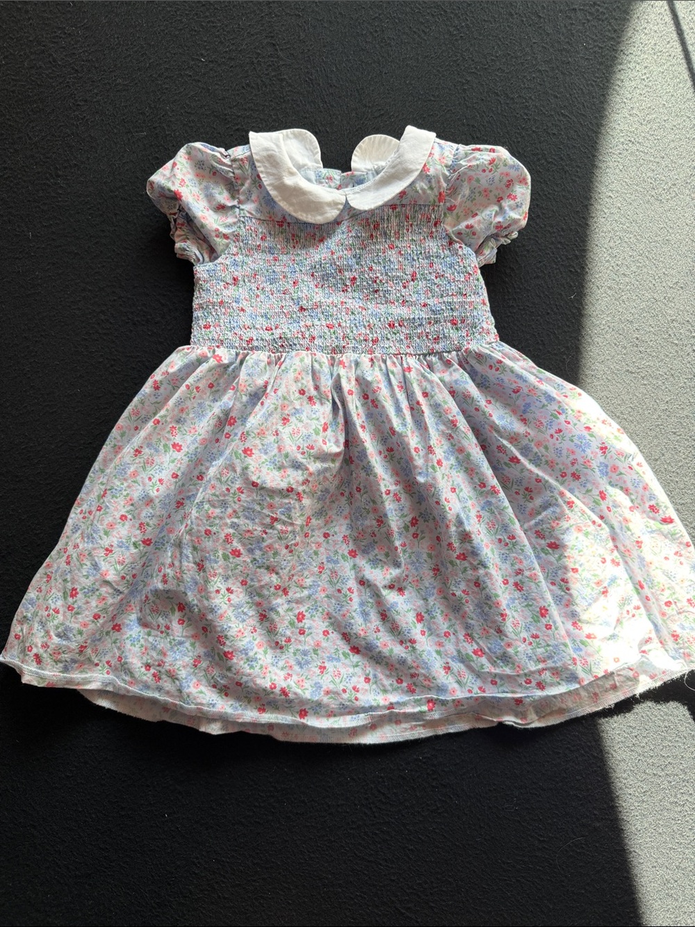 Girls Floral Smocked Dress with Peter Pan Collar - Pink & Blue - Picture 6 of 6